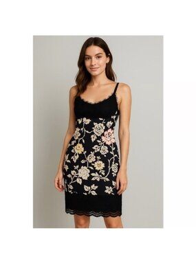 Floral Lace Trim Slip Dress - Black with Cream & Pale Yellow Roses